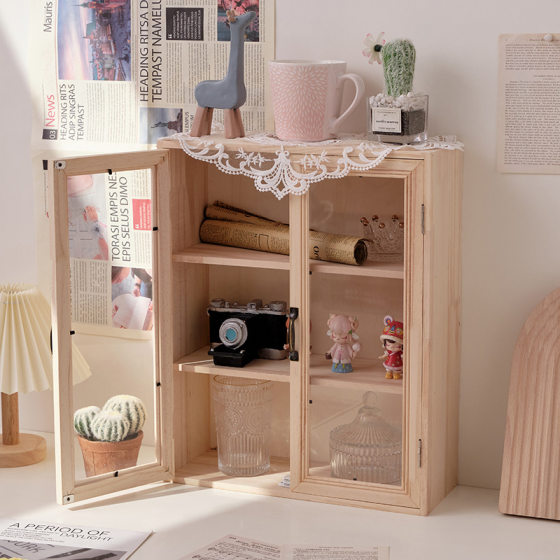 Household Vintage Handmade Dustproof Storage Cabinet Multi-layer Finishing Hotel Decorative Wooden Tea Set Double Door Storage Cabinet