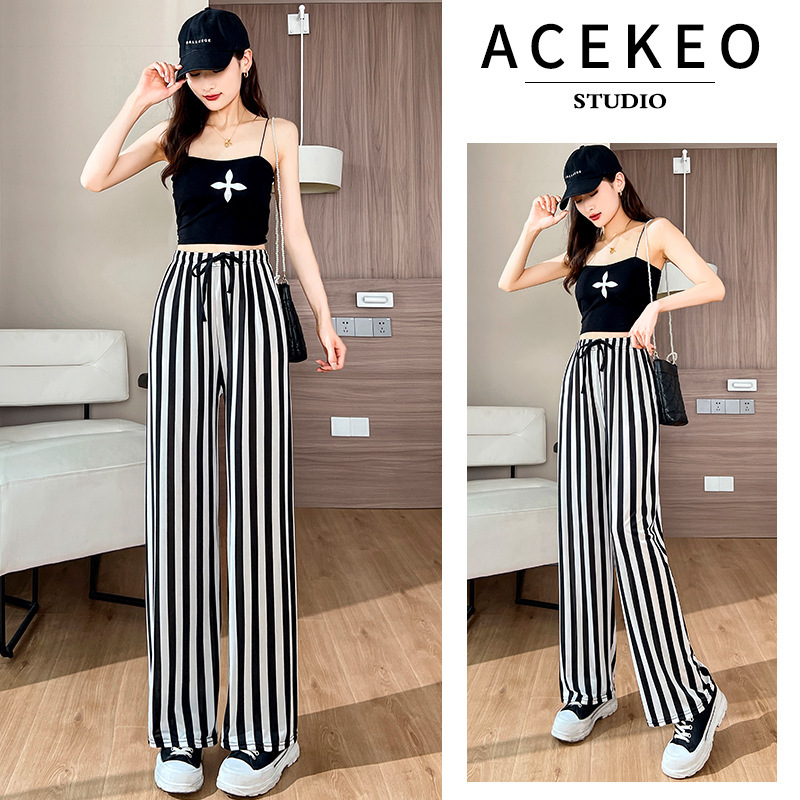 Black and White Vertical Stripe Wide-leg Pants Women's Summer Korean-style High Waist Loose Slim-fit Straight Pants All-match Casual Ice Silk Floor-length Pants Black and White Vertical Stripe Wide-leg Pants Women's Summer Korean-style High Waist Loose Slim-fit Straight Pants All-match Casual Ice Silk Floor-length Pants