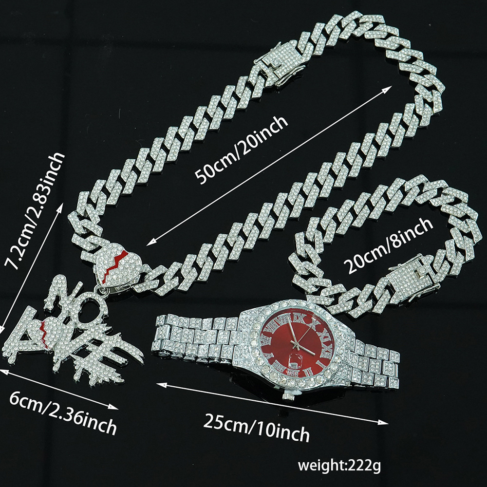 Conjunto de Reloj y Collar con Colgante NO LOVE, Estilo Cubano, para Hombre, en Caja de Regalo de Lujo