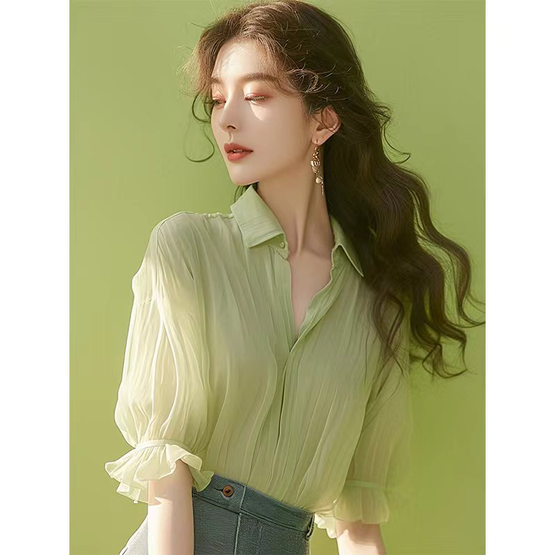 Áo sơ mi nữ tay ngắn chất liệu voan mềm mại, phong cách Pháp thanh lịch — Xanh lá cây nhạtcolor chi tiết 2