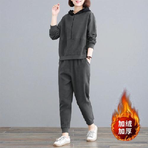 2025秋冬新款大码女装加绒加厚休闲居家外穿运动服长袖卫衣两件套|undefined