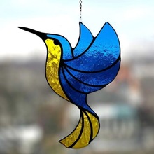 UV印刷雙面鐵藝鳥彩色藝術玻璃窗戶掛件小型蜂鳥掛件金屬工藝品