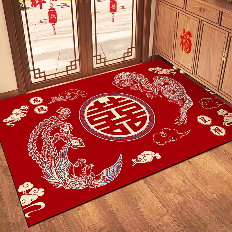 硅藻泥结婚喜庆进门入户玄关地垫婚房卧室床边红色满铺地毯门口垫