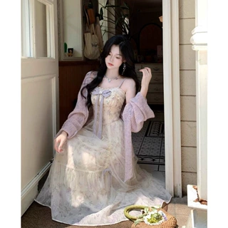 大码胖mm早秋法式温柔风碎花网纱吊带连衣裙+针织开衫显瘦两件套