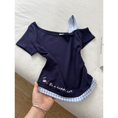 纯欲风辣妹格子拼接短袖T恤女夏季新款设计感小众修身显瘦上衣潮