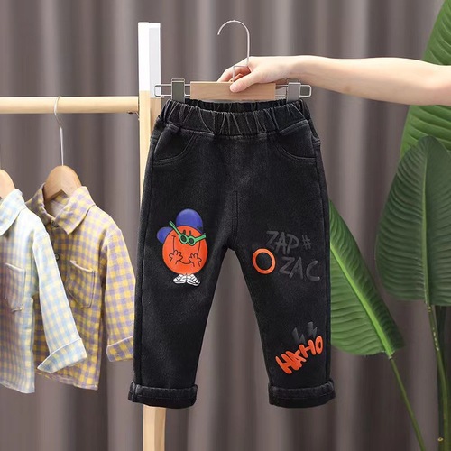 Children's jeans new autumn and winter baby plus velvet thickened trousers boys style one-piece velvet handsome trendy