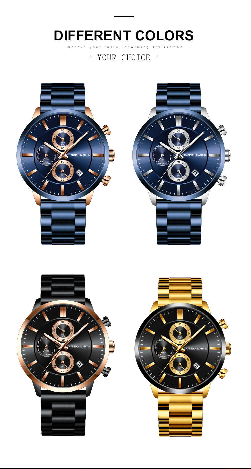 Herrklocka quartz kronograf med stålarmband och kalender_voghion.com