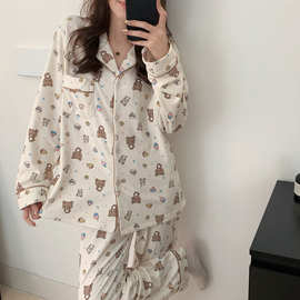 秋冬新款海岛绒可爱小熊女睡衣开衫ins套装家居服休闲宽松睡衣女