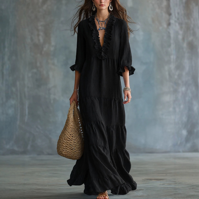 2026 European and American cross-border women's bohemian V-neck layered casual flowy long ruffle dress 2026 European and American cross-border women's bohemian V-neck layered casual flowy long ruffle dress