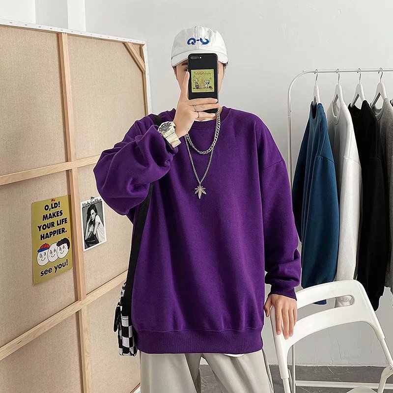 Men's Loose-Fitting Korean-Style Sweatshirt 2026 New Spring and Autumn Fleece Solid Color Long-Sleeve Top Casual Jacket Trendy Ins