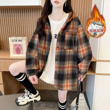 韩版加绒格子衬衫女连帽外套秋冬小众中长款宽松休闲衬衣加厚上衣