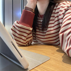 韩系设计感拼接红灰色条纹圆领卫衣女秋冬宽松软糯加厚长袖上衣