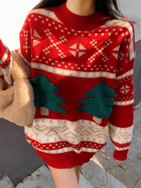 怠惰な風のクリスマス感のデザインの小さな丸首の女性の長袖の甘いニットのセーターはニットの上着を着ることができます。|undefined
