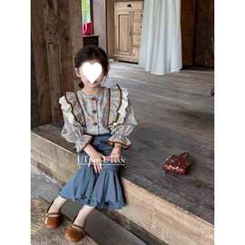 女童春秋衬衫新款儿童时髦洋气宝宝花边碎花网红炸街春装女孩上衣