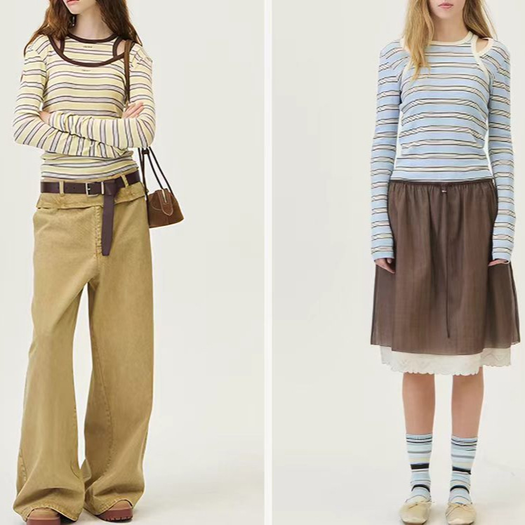GR*OVE flagship store 2026PS four-season long-sleeve T-shirt with contrasting color striped edges, round neck, layered top for women GR*OVE flagship store 2026PS four-season long-sleeve T-shirt with contrasting color striped edges, round neck, layered top for women