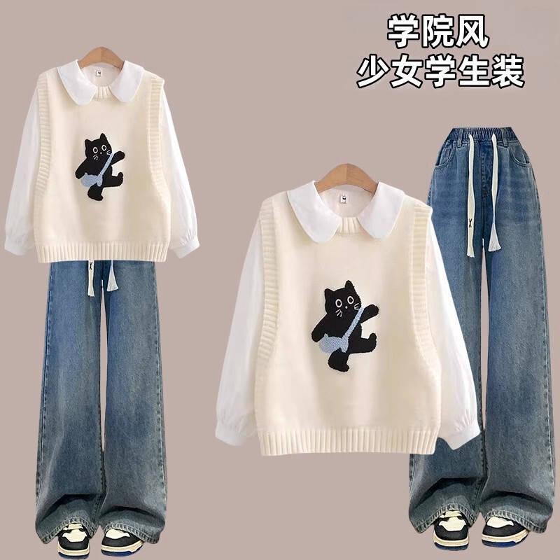 College Style Cartoon Knitted Vest Shirt suit Junior High School Senior high school Student All-match Loose Girl Fashion Three-piece Set