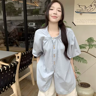2025夏季韩系设计感圆领短袖衬衫女夏季百搭不规则蓝色衬衣潮上衣