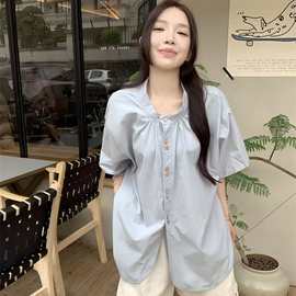 2025夏季韩系设计感圆领短袖衬衫女夏季百搭不规则蓝色衬衣潮上衣