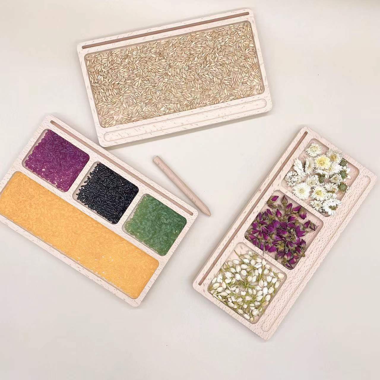 Three-segment card description board Montessori early education part sand sorting plate Beech kindergarten open sensory toys