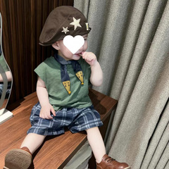 男の子ベビースーツ夏子供女の子ショーツノースリーブベストチェック柄ショーツツーピーストレンド0079A017