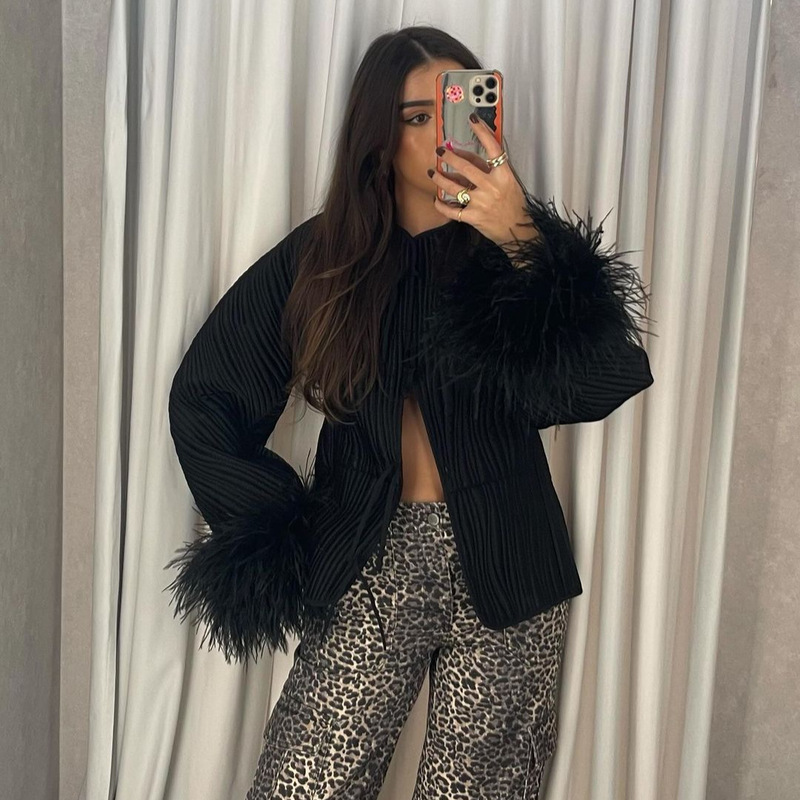Real shot-solid color lace-up feather jacket coat 2024 European and American cross-border fashion women's autumn and winter personalized street coat Real shot-solid color lace-up feather jacket coat 2024 European and American cross-border fashion women's autumn and winter personalized street coat