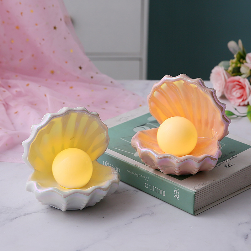 Creative Shell Nightlight Night Pearl Internet-famous Bedroom Bedside Jewelry Storage Box Tray Dream Pearl Ceramic Lamp