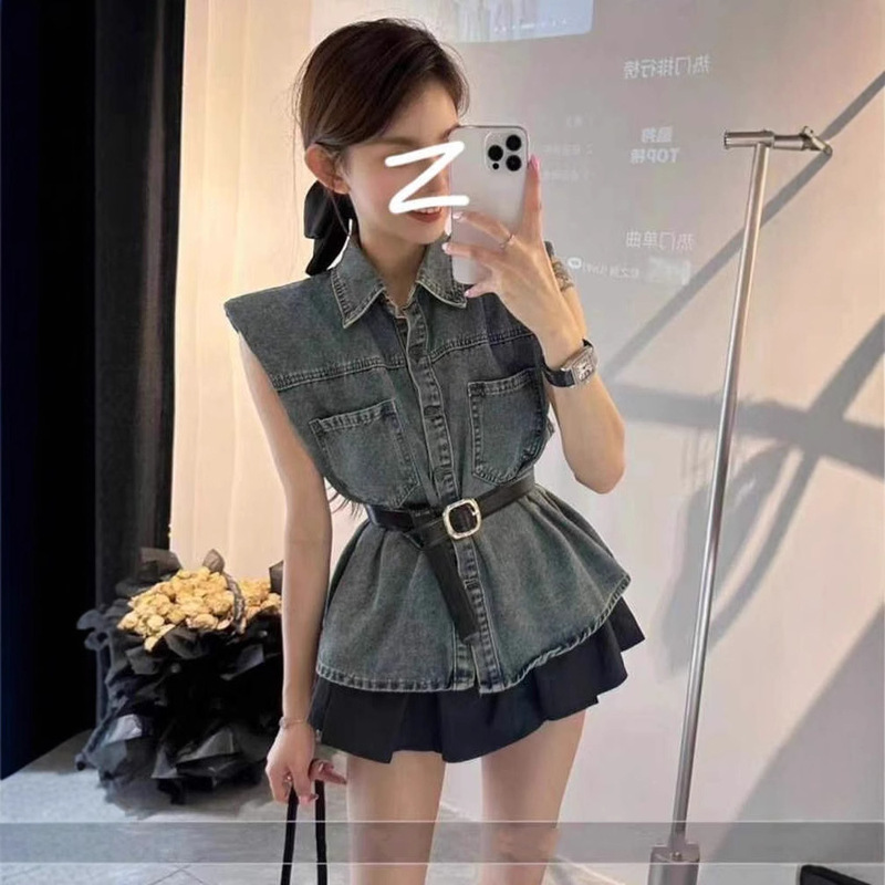 American Style High-end 2025 Spring and Summer New Korean Style Western Style Loose Polo Collar Sleeveless Washed Denim Shirt Vest