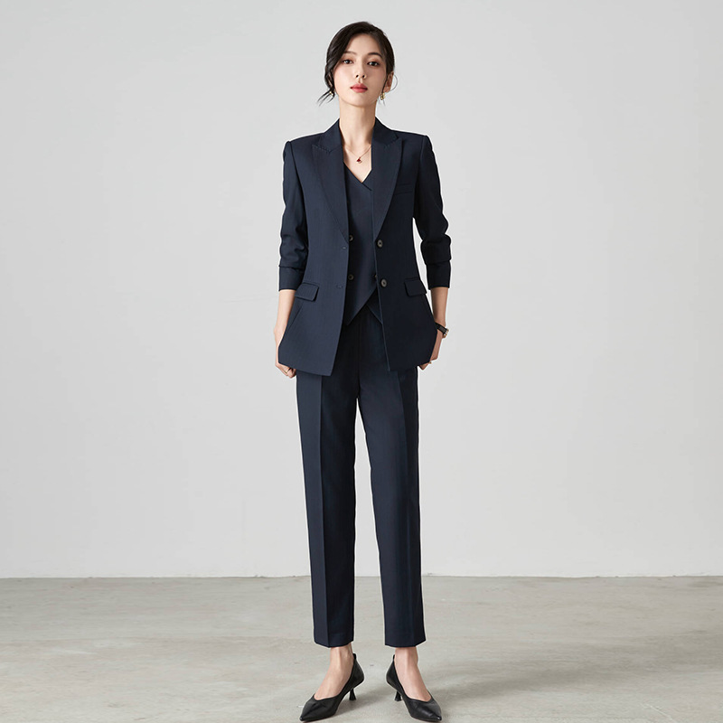 春秋冬高端藏青色通勤修身西装上衣外套正装西服马甲小脚裤套装女|undefined