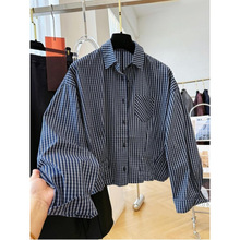 设计感独特别致复古小格子短款长袖衬衫女秋季韩系穿搭巨好看上衣