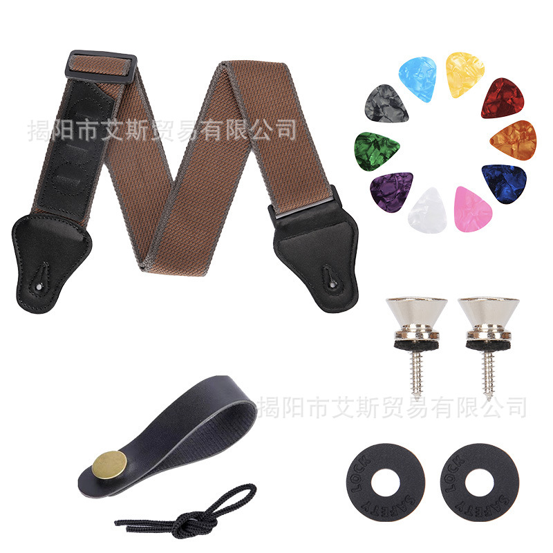 Traje de correa de guitarra 1 correa de hebilla de cinturón 2 cerradura de correa de goma 2 clavos de correa 10 picks de celuloide
