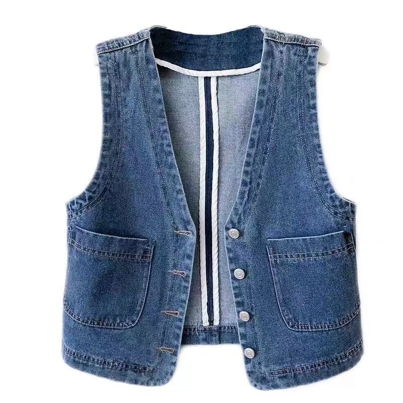 Hong Kong Style Retro Denim Vest Short Slim Fit Women's Vest 2026 Spring and Autumn New Casual Collarless Outerwear Vest