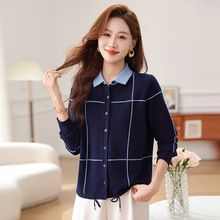 妈妈秋冬装新款外套针织上衣中老年女装撞色POLO领洋气百搭开衫