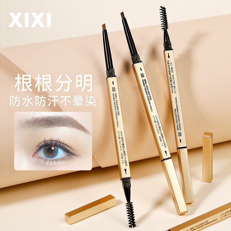 Makeup Xixi Small Gold Chopstick Double-Ended Eyebrow Pencil, Ultra-Fine Triangular, Distinct Strokes, Natural Eyebrow, Waterproof, Sweat-Proof, Non-Smudging