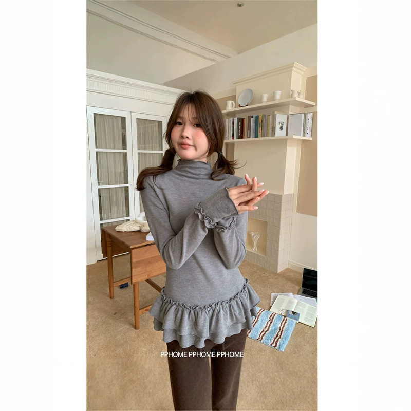 [Factory Stock] Aerodynamic Velvet Base Layer with Thickened Brushed Lace Half-Turtleneck for Layering, Women's Top
