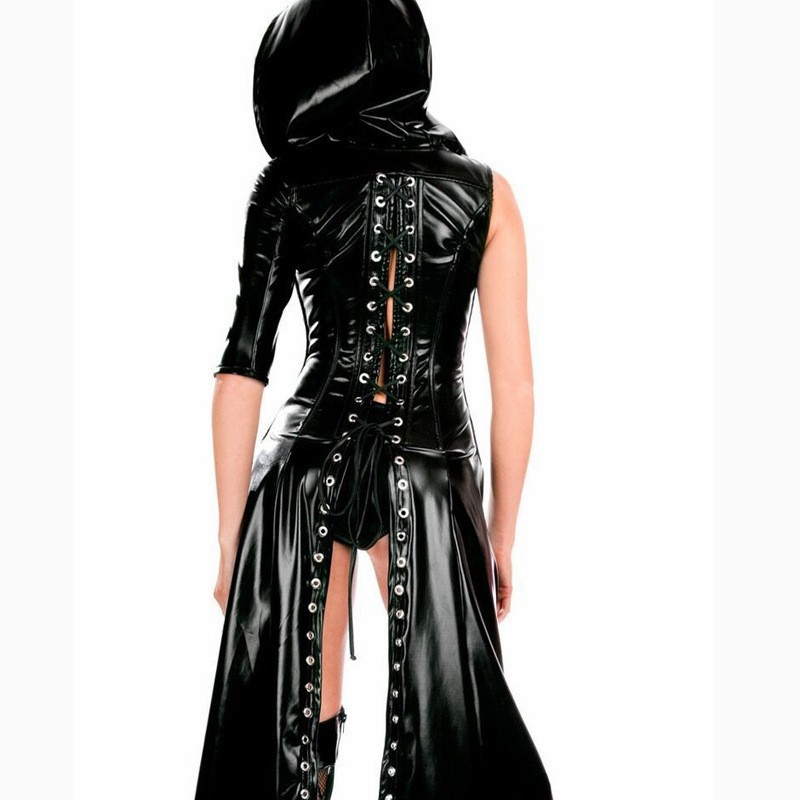 Lencería sexy, capa de cuero charolado, body, lencería sexy con estampado dorado, atuendo de reina, accesorios femeninos, ropa de dormir sexy.