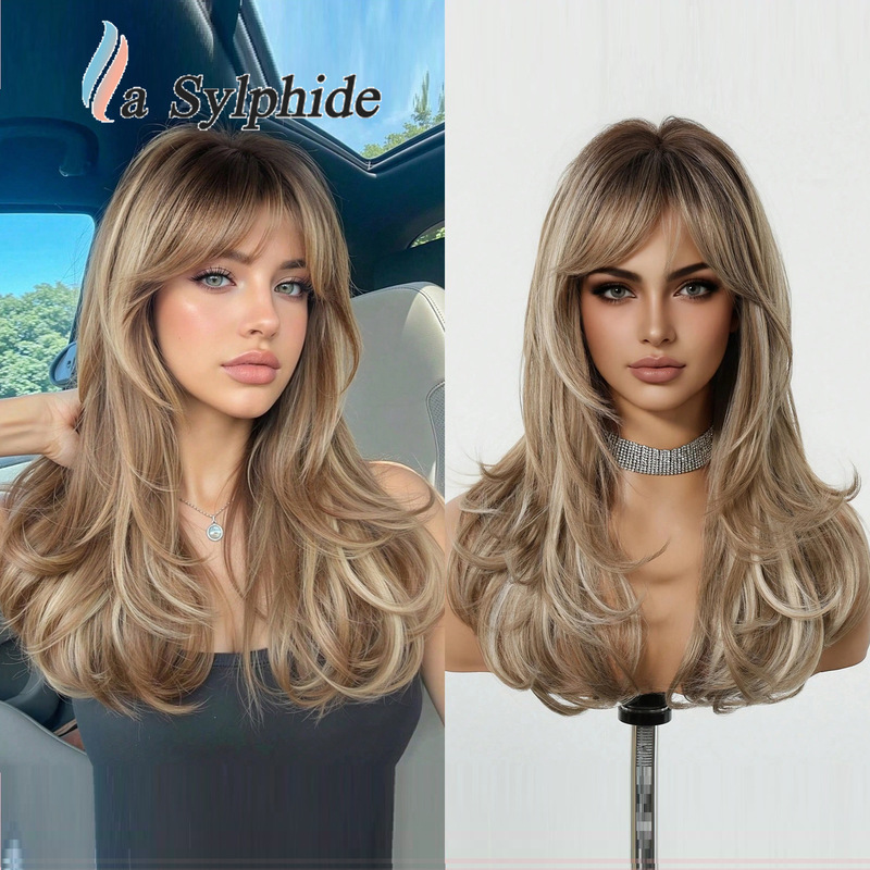 Women's High-Temperature Resistant Golden Wig, Overseas Warehouse, European and American Long Curly Hair Full Wig, Cross-Border, Natural-Looking Bangs, Shein