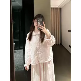 温柔少女风波点翻领睡衣女秋季大码开衫裤子宽松家居服可外穿套装