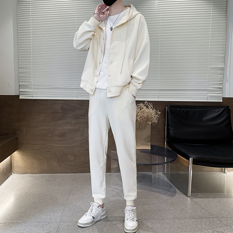 Primavera y otoño traje casual para hombres primavera nueva marca de moda waffle cardigan hombre guapo ropa deportiva para hombres un conjunto