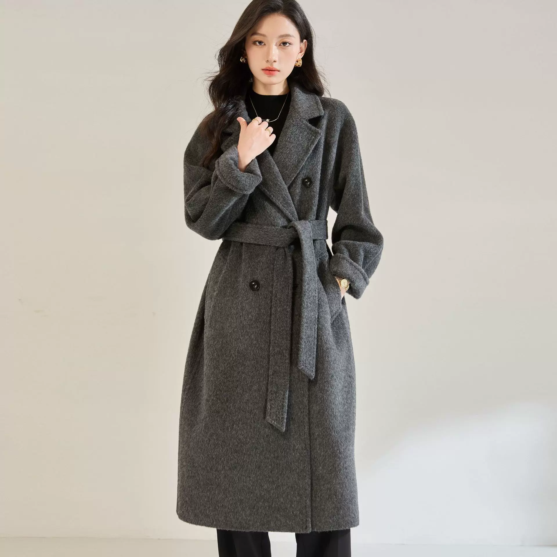 25秋冬新气质高级感长毛苏丽羊毛灰色毛呢外套中长款大衣女22673