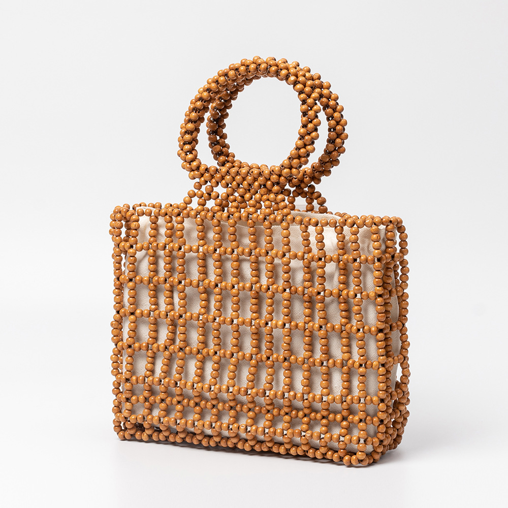 OLEI New Wooden Bead Bag for Women Casual Travel Beaded Bag Solid Color Hollow Out Hand-Woven Vacation Handbag - Thumbnail 8