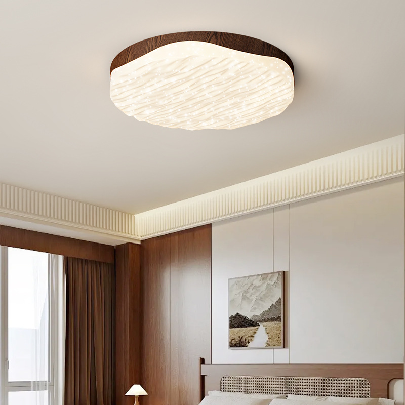 Lámpara de techo de sala de estar de estilo antiguo, color de nogal retro francés, lámpara de salón de ondas creativas, lámpara de habitación de protección ocular para el hogar