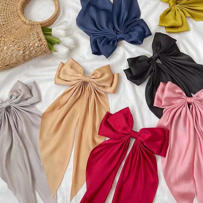 Amazon Hot Ins Style Long Ribbon Big Bow Hairpin All-match Satin Chic Back Head Duckbill Clip