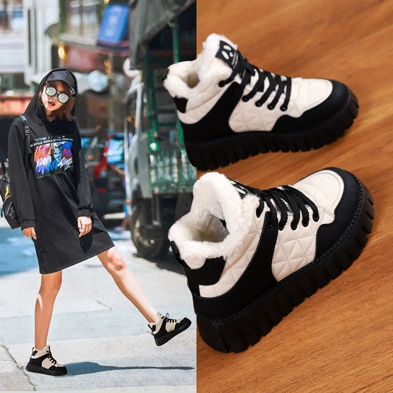 Высокие женские туфли для папы, новинка зимы 2025, спортивная женская обувь, студенческие туфли на флисовой подкладке, утолщенные большие хлопковые туфли kt2512-2