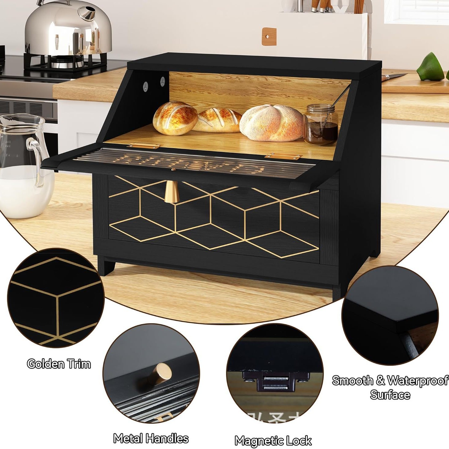 Caja de pan de madera Encimera de cocina Caja de pan grande con contenedor de borde dorado Caja de acabado de pan de esquina del armario