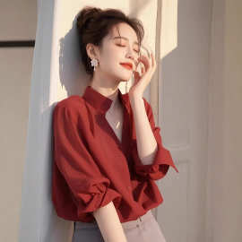 法式轻奢立领红色衬衫女设计感春秋气质独特别致漂亮小衫中袖上衣