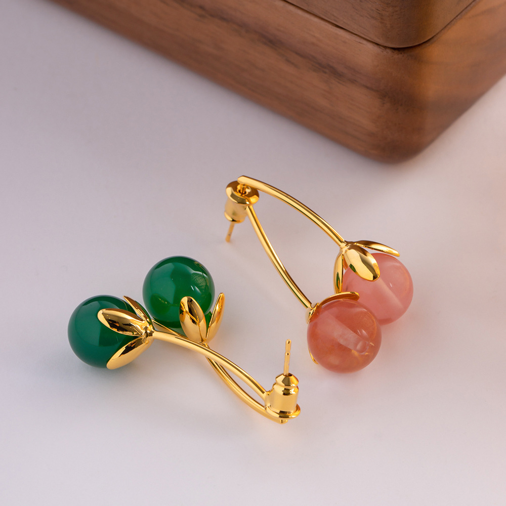 French Style Cherry Copper Inlay Gem Drop Earrings 1 Pair