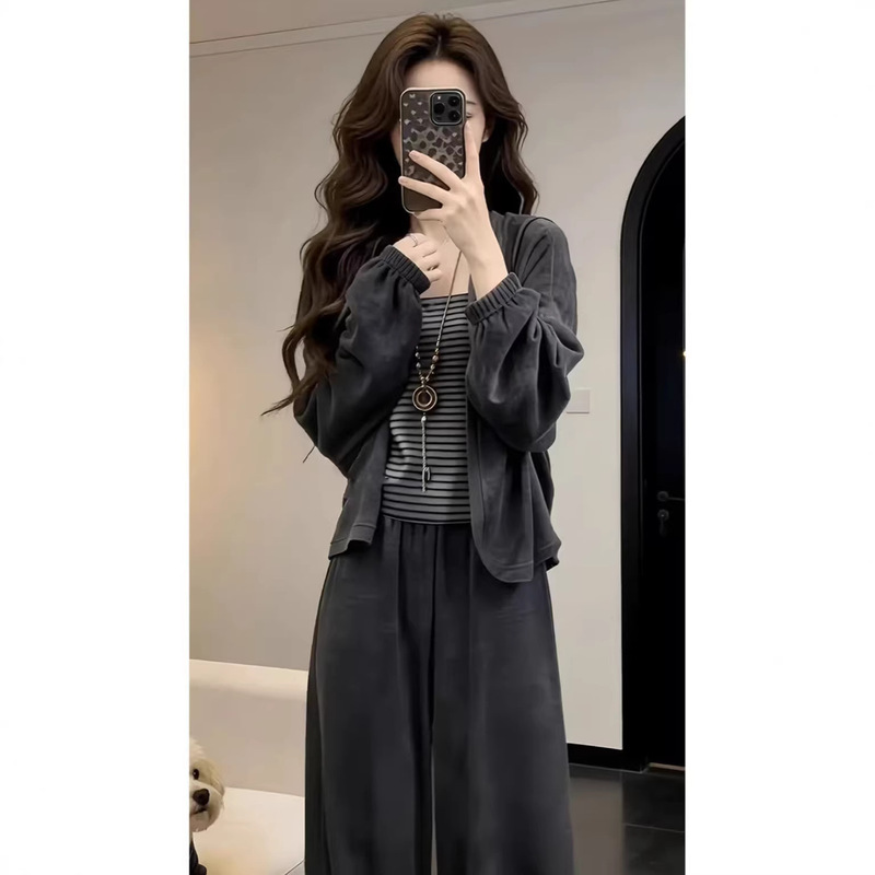 Striped Camisole Cardigan Jacket + Wide-Leg Pants Three-Piece Set for Women 2026 Spring Korean Style Knit Set Striped Camisole Cardigan Jacket + Wide-Leg Pants Three-Piece Set for Women 2026 Spring Korean Style Knit Set