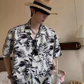 2024新款潮流印花短袖衬衫男女款潮牌宽松情侣休闲百搭衬衣潮