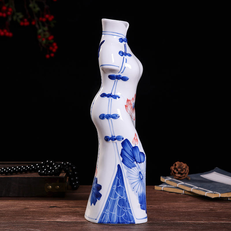 Porcelana Qinghua cheongsam personajes ornamentos Jingdezhen cerámica artesanía china ornamentos de sala de estar hechos a mano