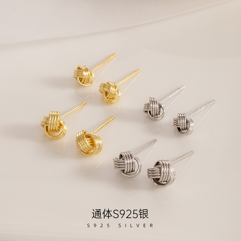 925純銀簡約纏繞打結耳釘女款麻花小巧耳環毛線球設計感通勤耳飾